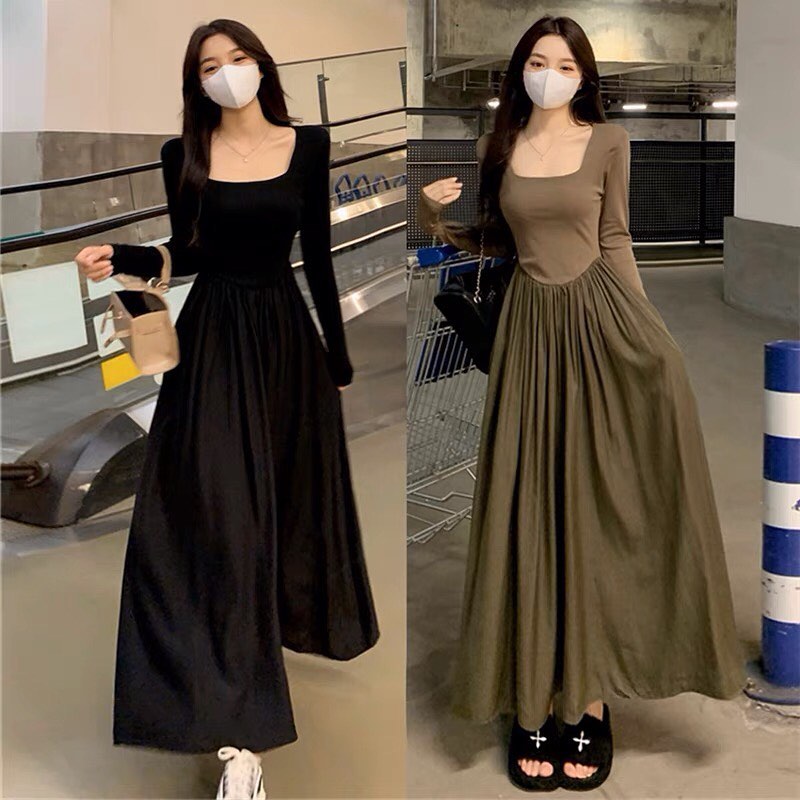 ✨PREORDER✨ Large-size temperament square collar dress women's fat mm high-end sense A-line waist slimming splicing long skirt