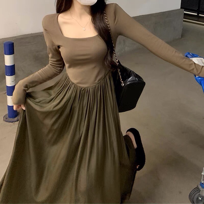 ✨PREORDER✨ Large-size temperament square collar dress women's fat mm high-end sense A-line waist slimming splicing long skirt