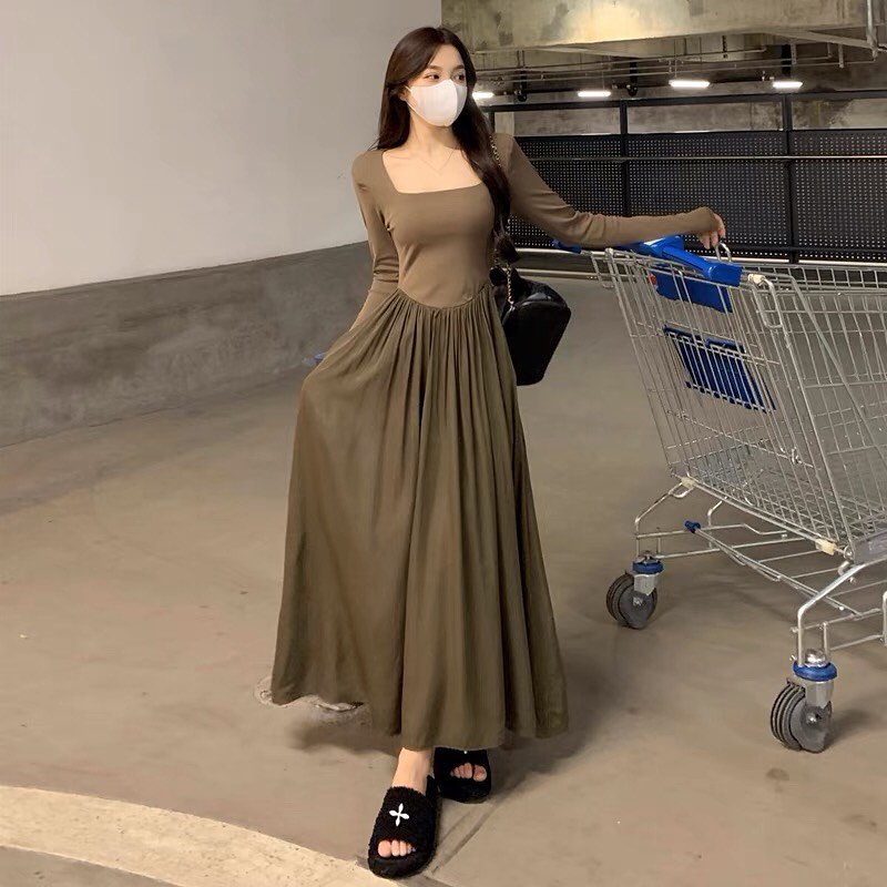 ✨PREORDER✨ Large-size temperament square collar dress women's fat mm high-end sense A-line waist slimming splicing long skirt