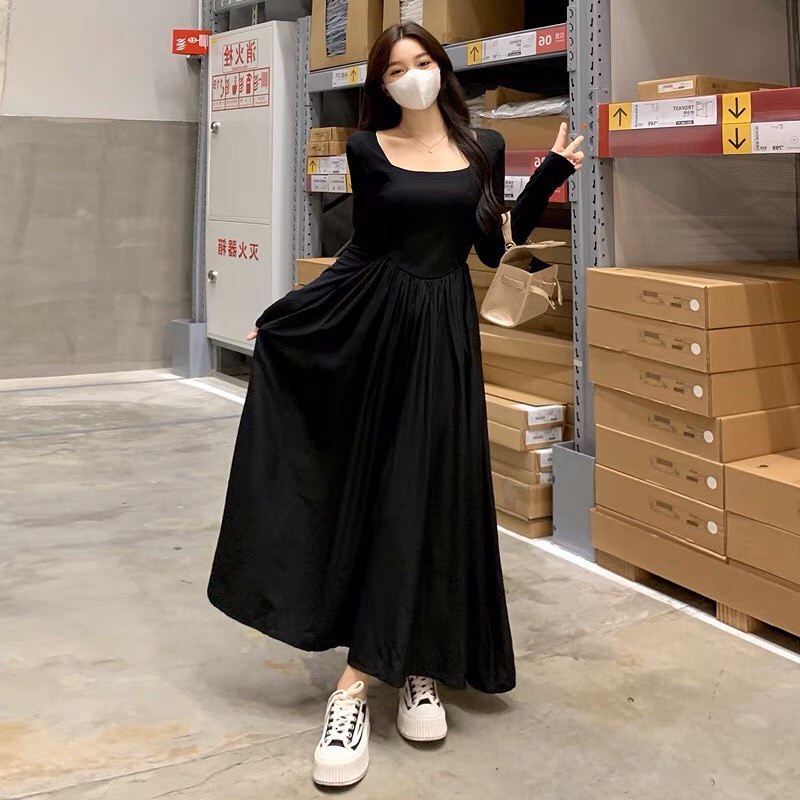 ✨PREORDER✨ Large-size temperament square collar dress women's fat mm high-end sense A-line waist slimming splicing long skirt
