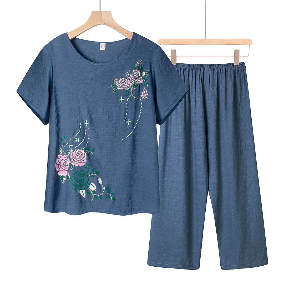 ✨PREORDER✨ Summer middle-aged and elderly grandma's cotton and linen women's tops and pants two-piece suit