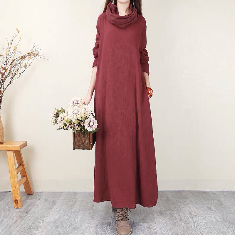 ✨PREORDER✨ Large size long-sleeved cotton and linen dress women's loose retro slim linen bottoming long skirt robe